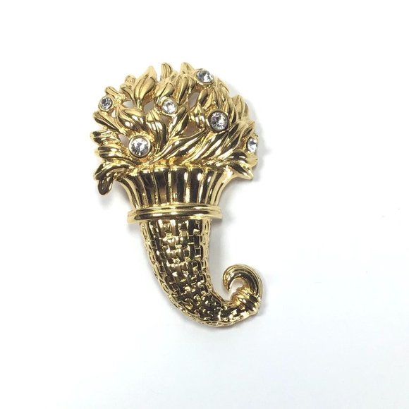 Vintage Monet Rhinestone Horn of Plenty Cornucopia Gold Tone Unisex Brooch Lapel - Picture 1 of 4